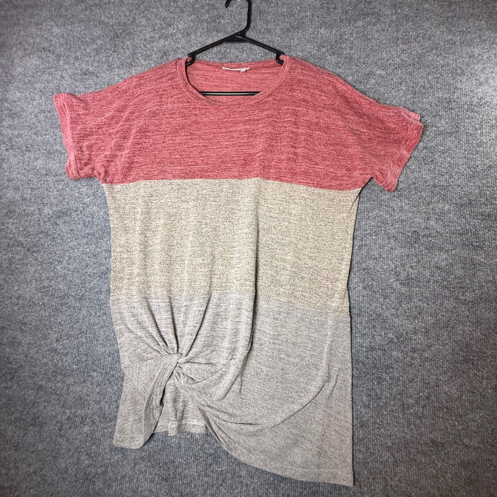 Yidarton‎ Womens XXL Colorblock Twist Front Short Sleeve Tee Red Tan Grey Marled